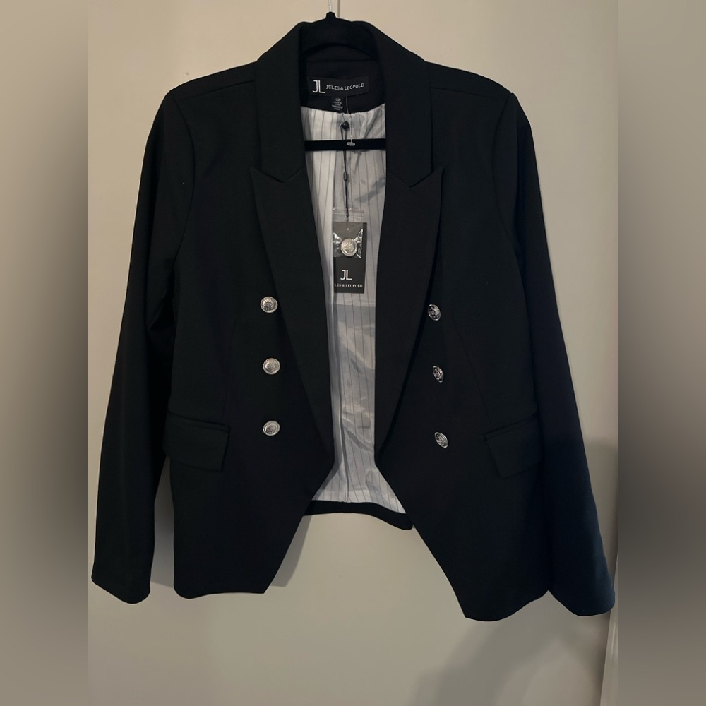 Jules & Leopold Black Double Breasted Military Blazer Silver Crest Buttons L NWT